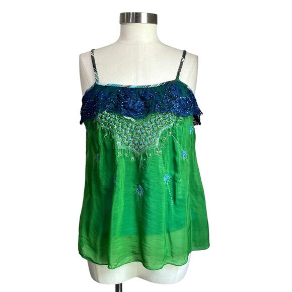 Y2K Free People Boho Hippie Teal and Green Silk Embroidered Tank Top Size 8 - Picture 1 of 11